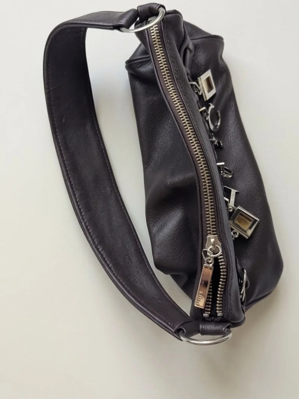 Vintage Brown Leather Shoulder Bag with Letter Charms